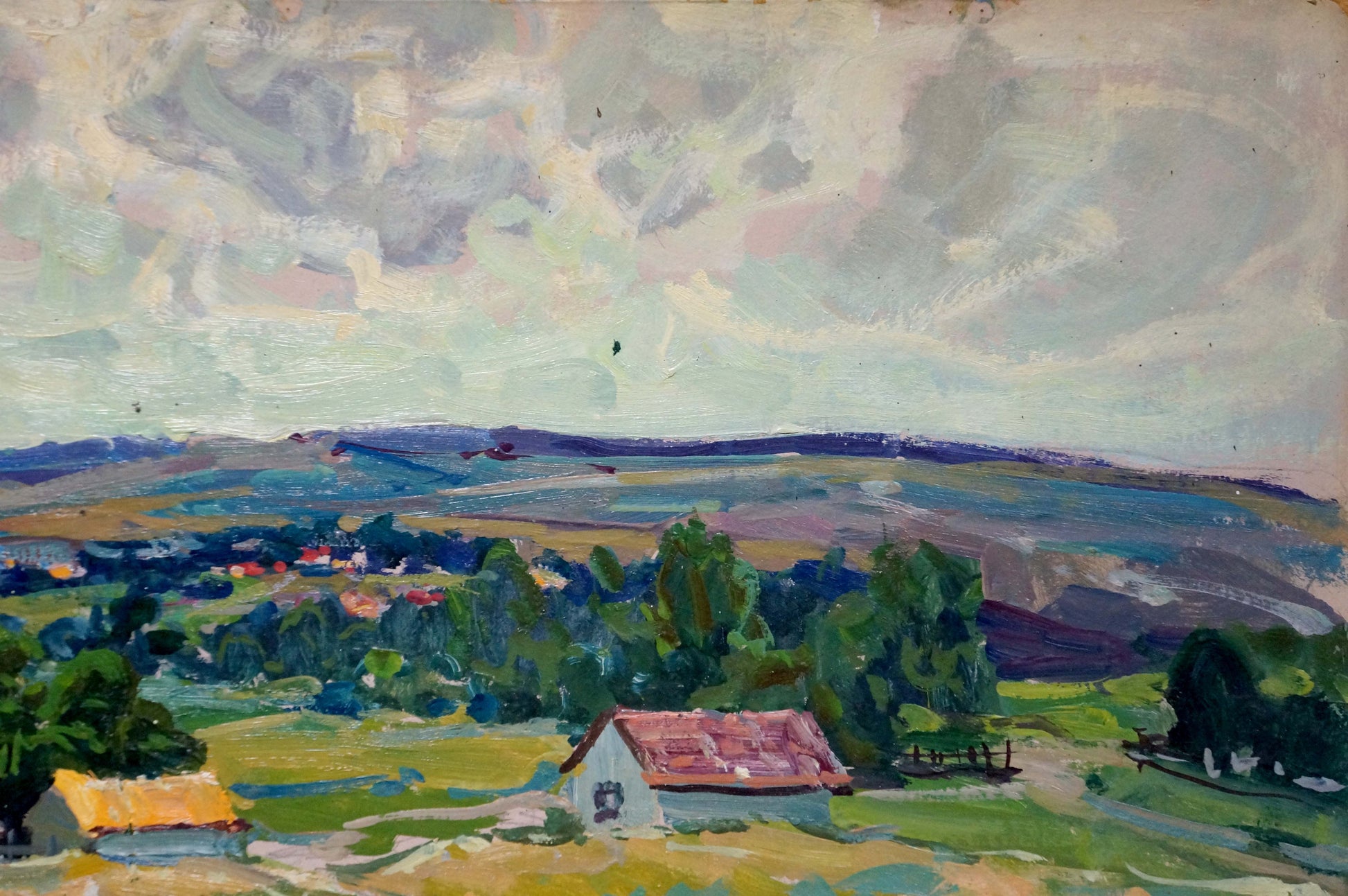 Oil painting Rustic romance in silence by Anatoly Fomin: rolling hills village cloudy sky