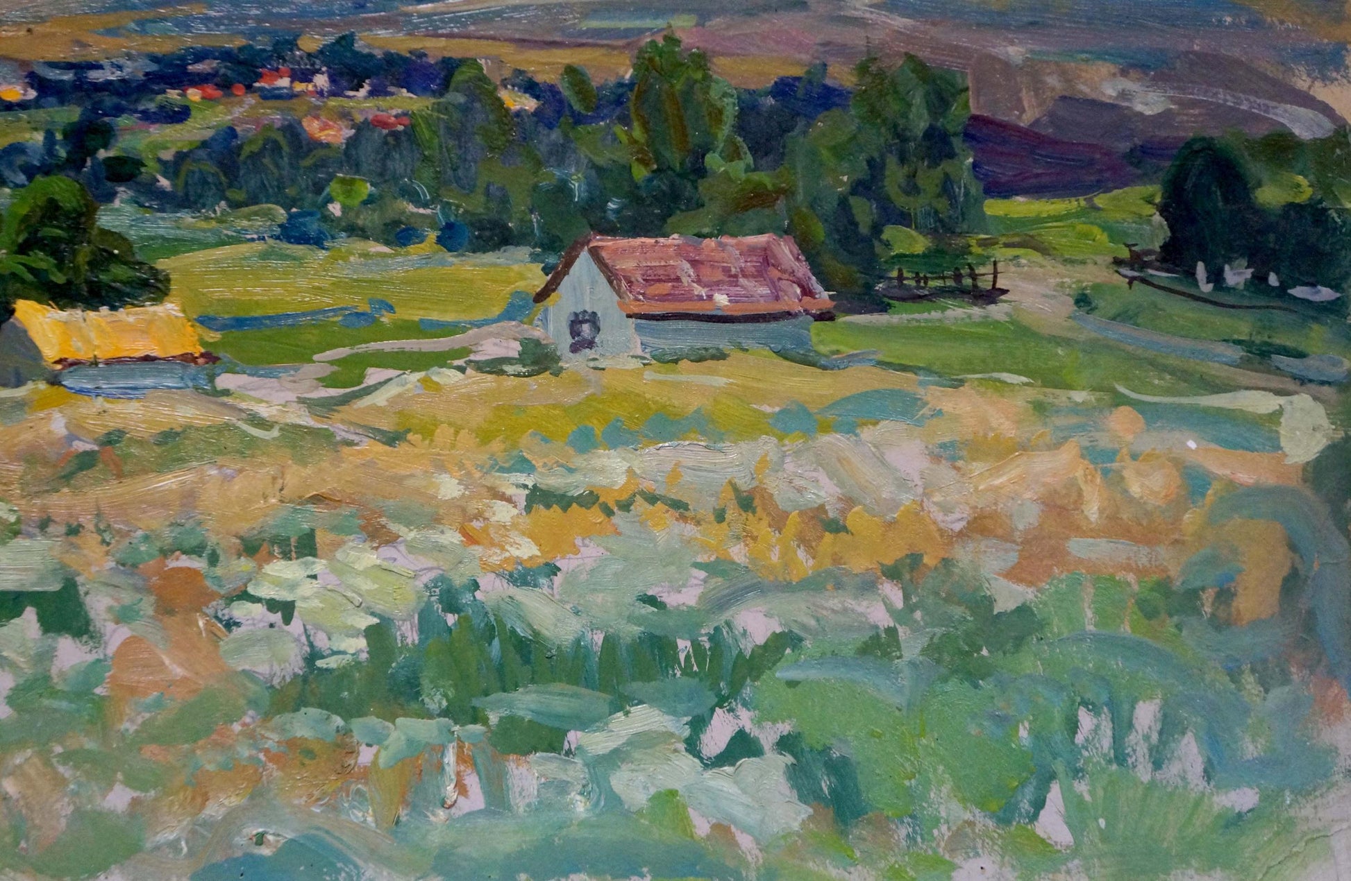 Oil painting Rustic romance in silence by Anatoly Fomin: white house with reddish-brown roof in green fields