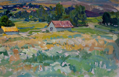 Oil painting Rustic romance in silence by Anatoly Fomin: white house with reddish-brown roof in green fields