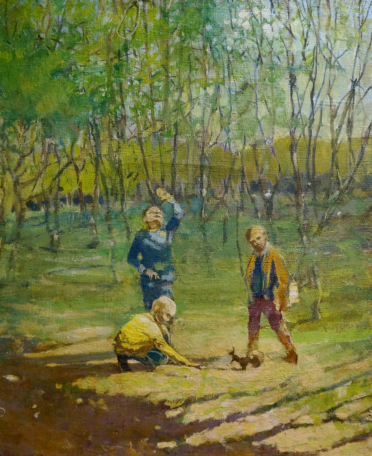 Oil painting Kids in the forest: vibrant impressionist scene of children in sunlit woods