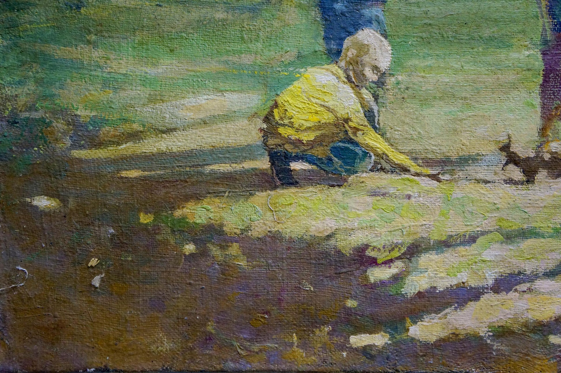 Oil painting of elderly man in yellow jacket with dog in forest