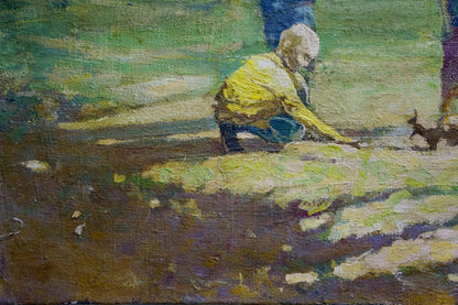 Oil painting of elderly man in yellow jacket with dog in forest