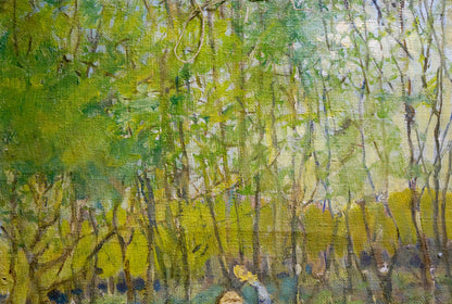 Vibrant impressionist oil painting of kids in sunlit forest on canvas