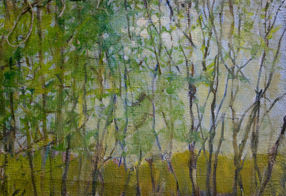Oil painting Kids in the forest: textured canvas with slender trees and green foliage