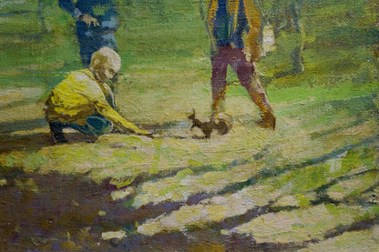 Impressionistic oil painting of small dark brown squirrel with bushy tail in forest for kids
