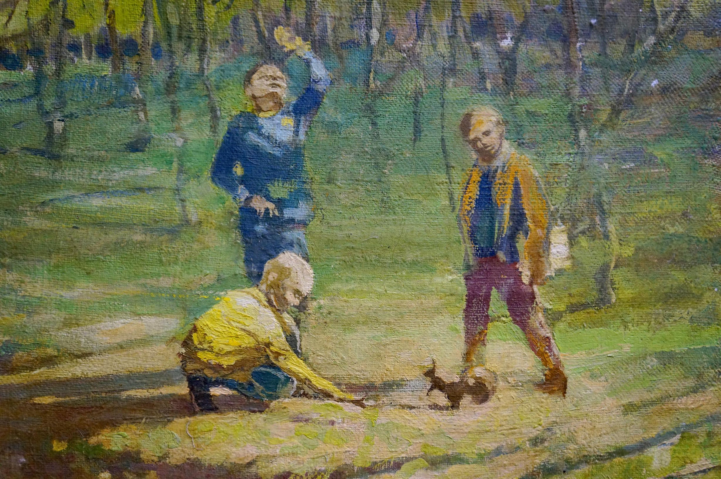 Oil painting Kids in the forest: three children and squirrel in sunlit woods