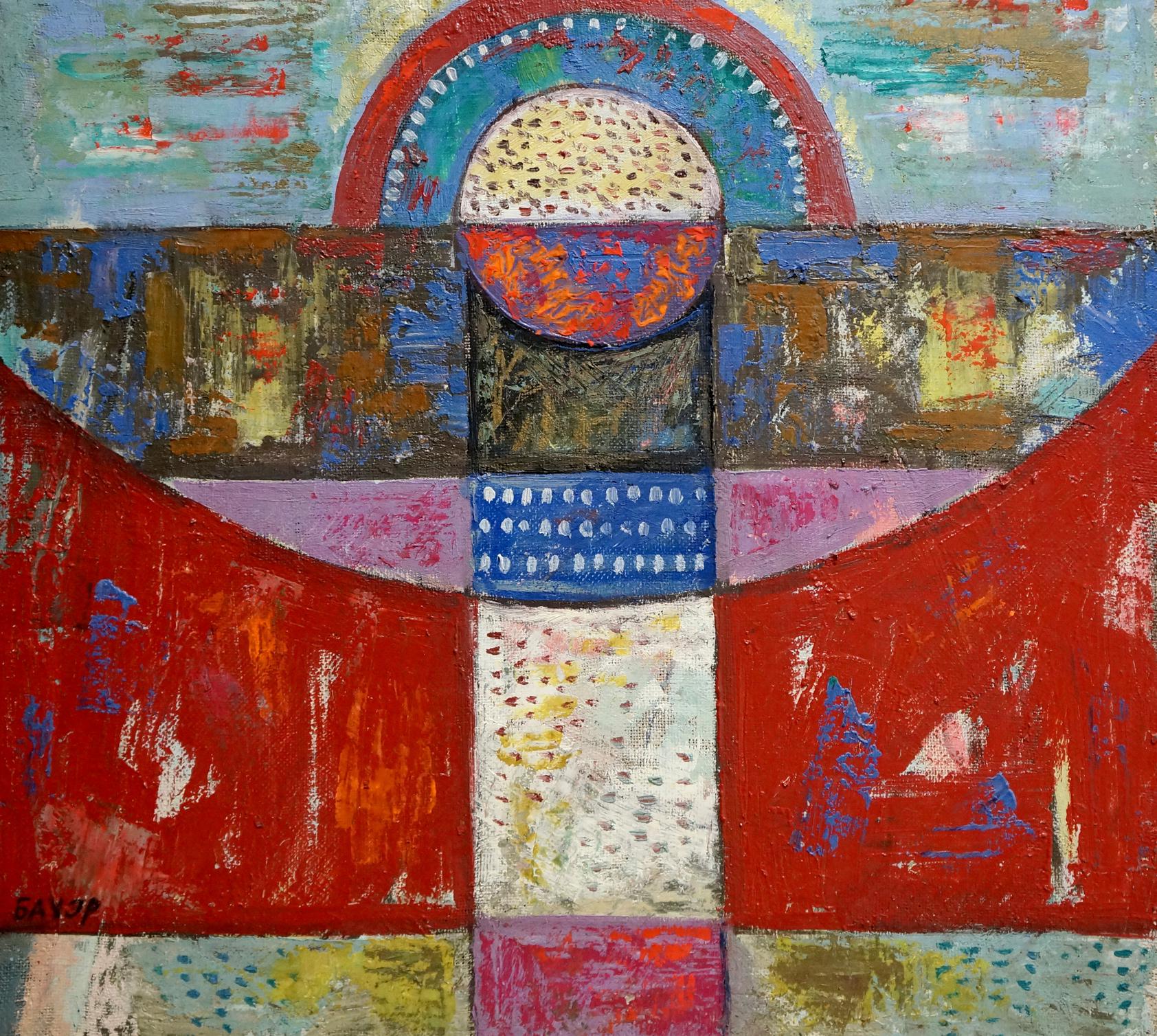 Vibrant abstract oil painting by W. Bauer with bold red, blue, white geometric shapes