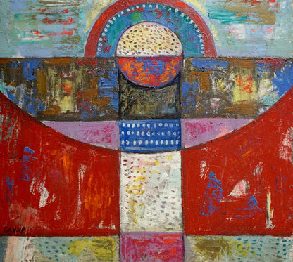 Vibrant abstract oil painting by W. Bauer with bold red, blue, white geometric shapes