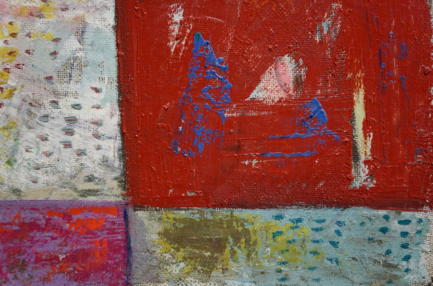 Abstract expressionist oil painting Landscape by W. Bauer, bold red blue white panels