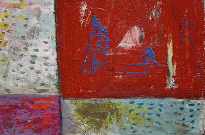 Abstract expressionist oil painting Landscape by W. Bauer, bold red blue white panels