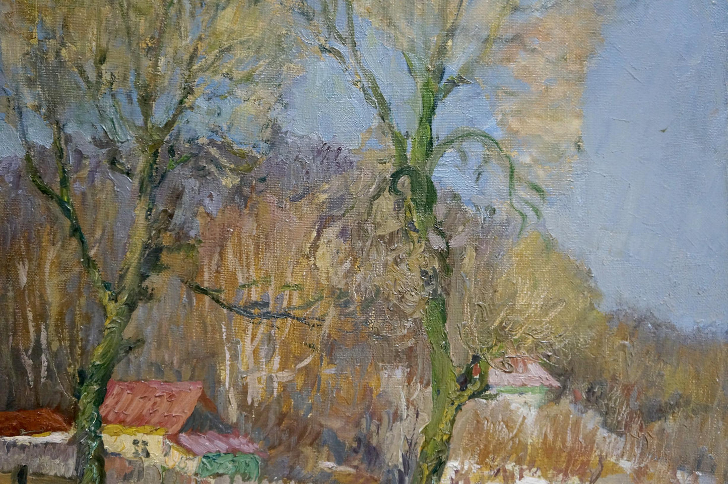 Impressionistic oil painting by Mynka Alexander Fedorovich of leafless trees near houses