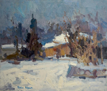 Oil painting Winter landscape by Shumov Pavel snowy house scene