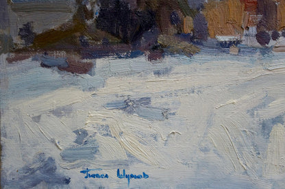 Textured impressionist oil painting of snowy winter landscape by Shumov Pavel