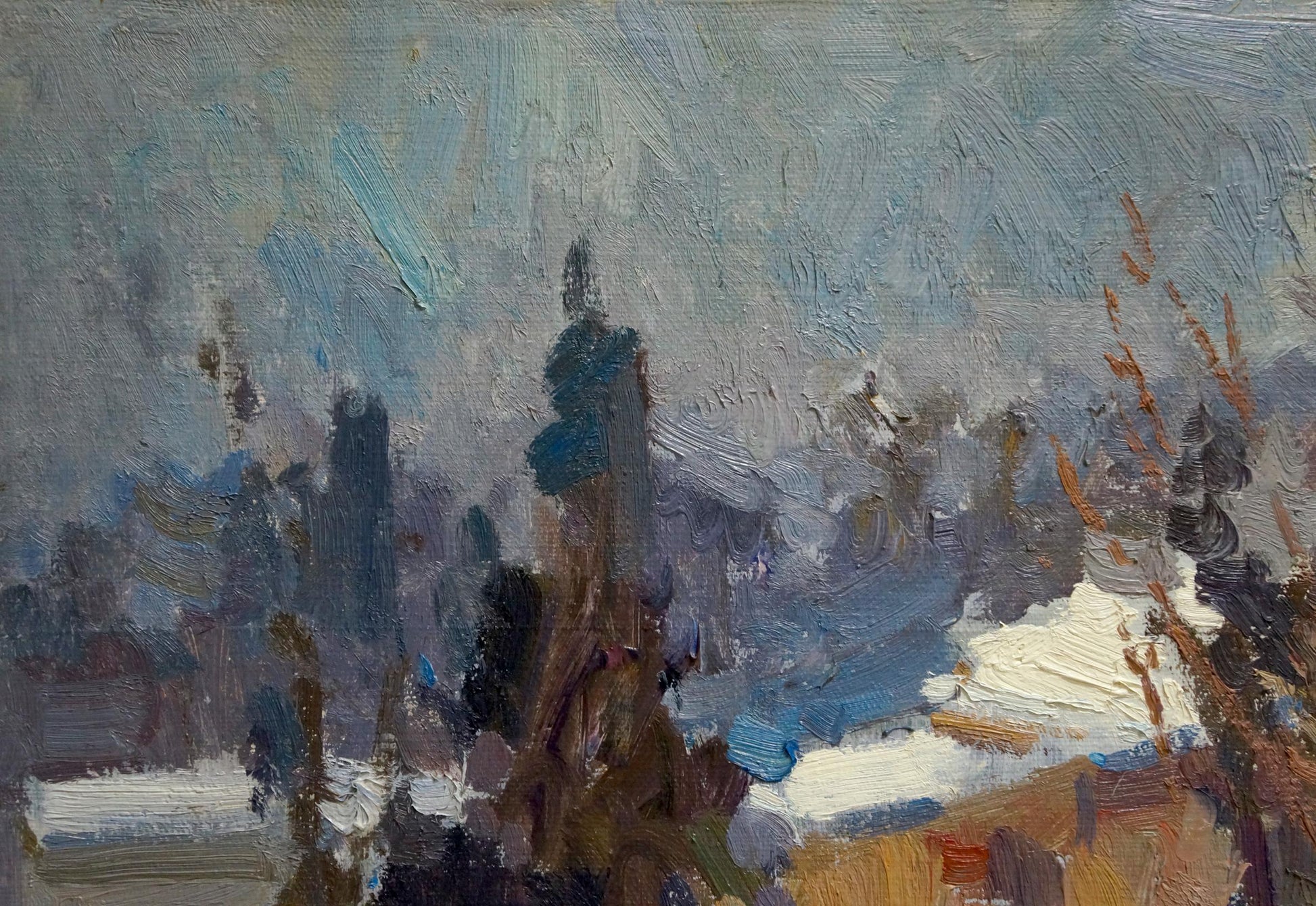 A textured oil painting depicting a snowy landscape with muted blues, grays, and earthy browns.