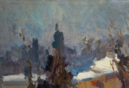 A textured oil painting depicting a snowy landscape with muted blues, grays, and earthy browns.