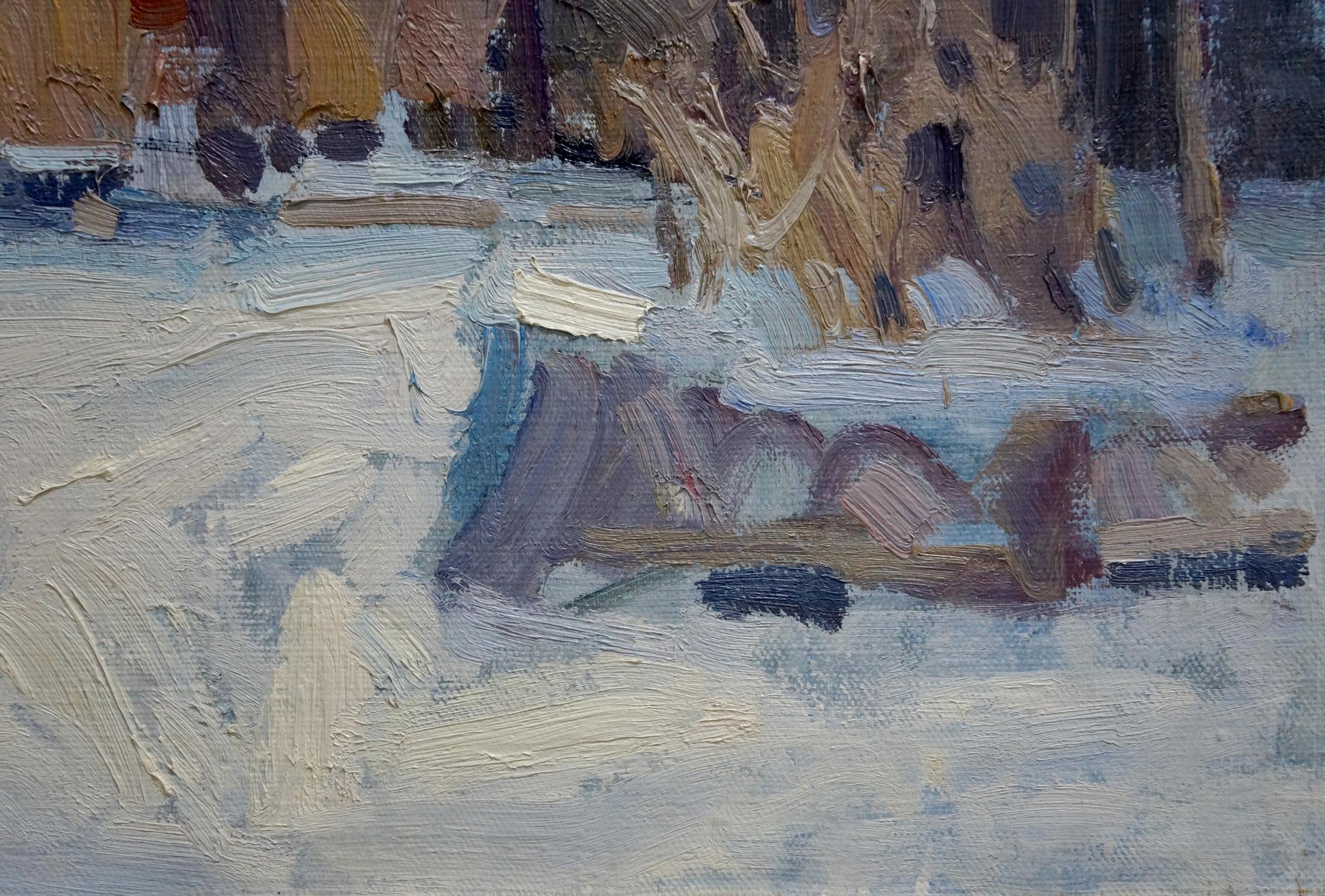 Textured impressionistic oil painting of snowy winter landscape by Shumov Pavel