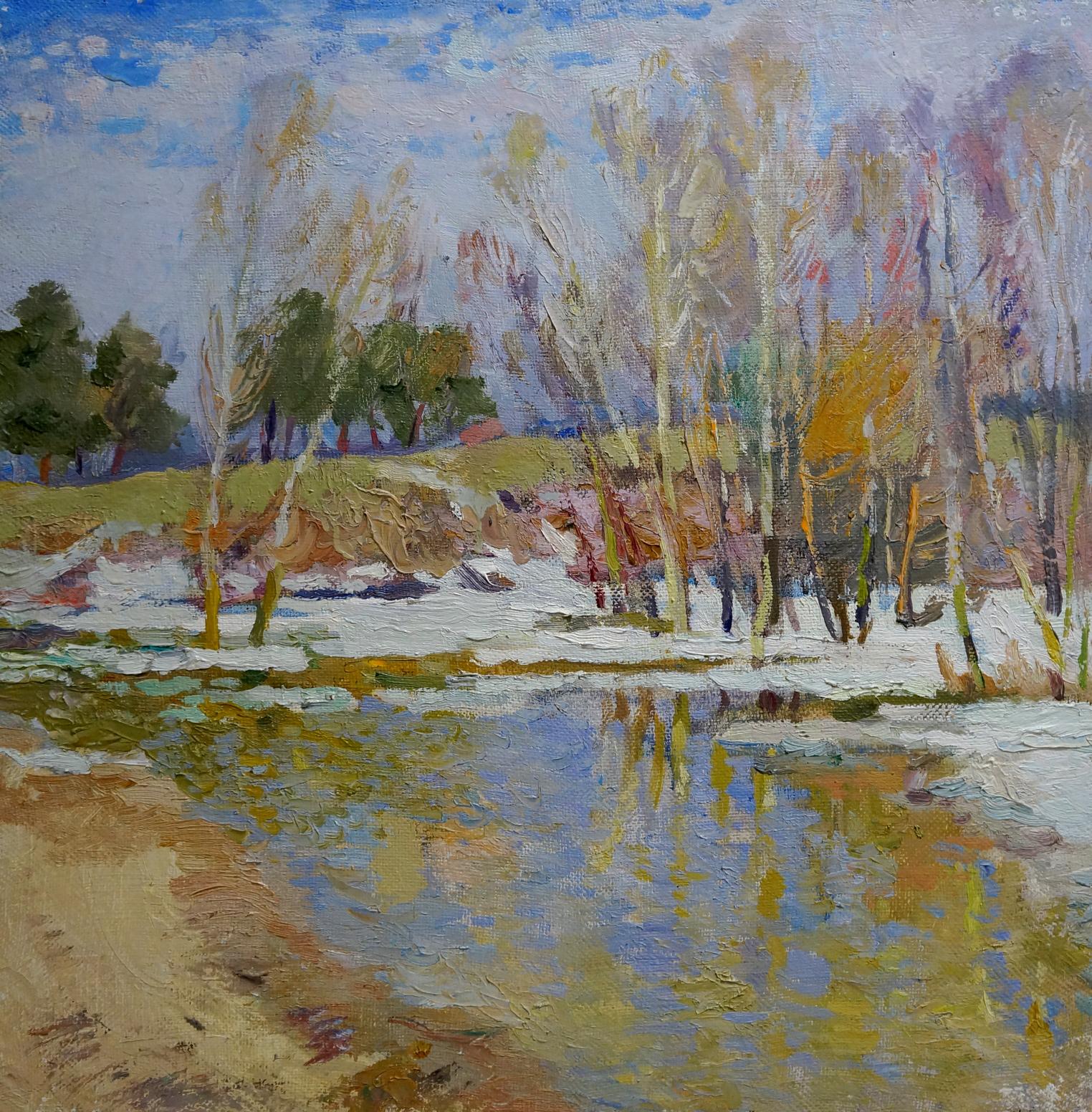 Oil painting River thawing season by Alexander Mynka serene winter landscape