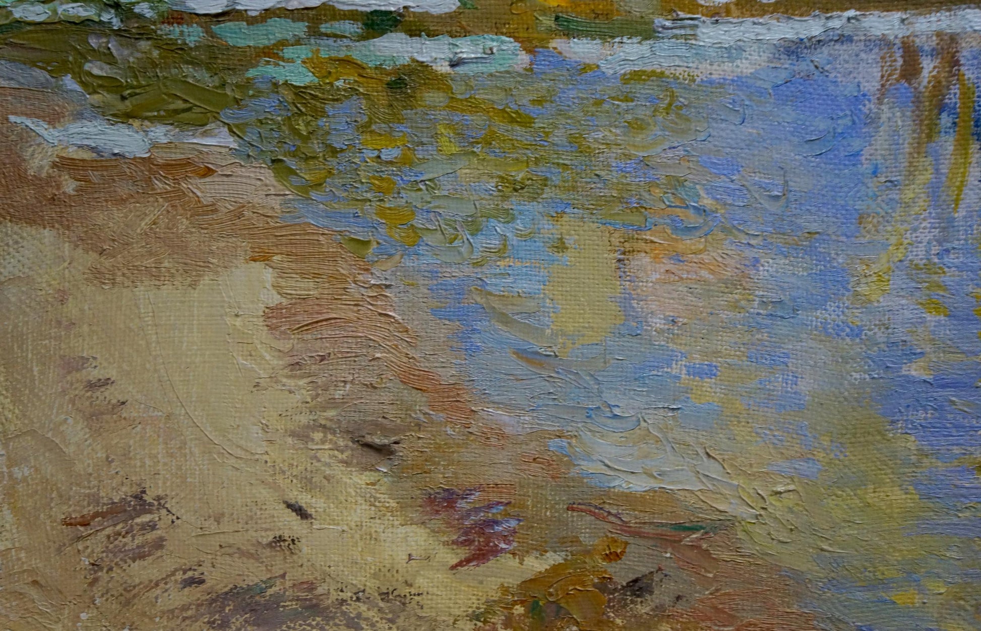 Oil painting River thawing season by Alexander Mynka, impasto blues and yellows