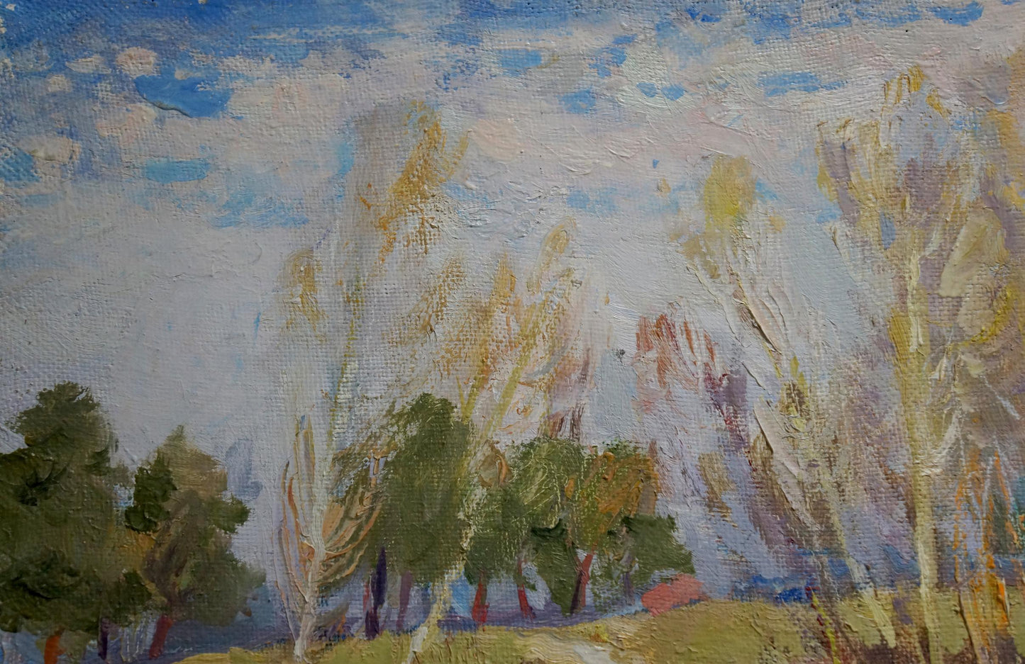 Oil painting River thawing season by Alexander Mynka with tall slender trees