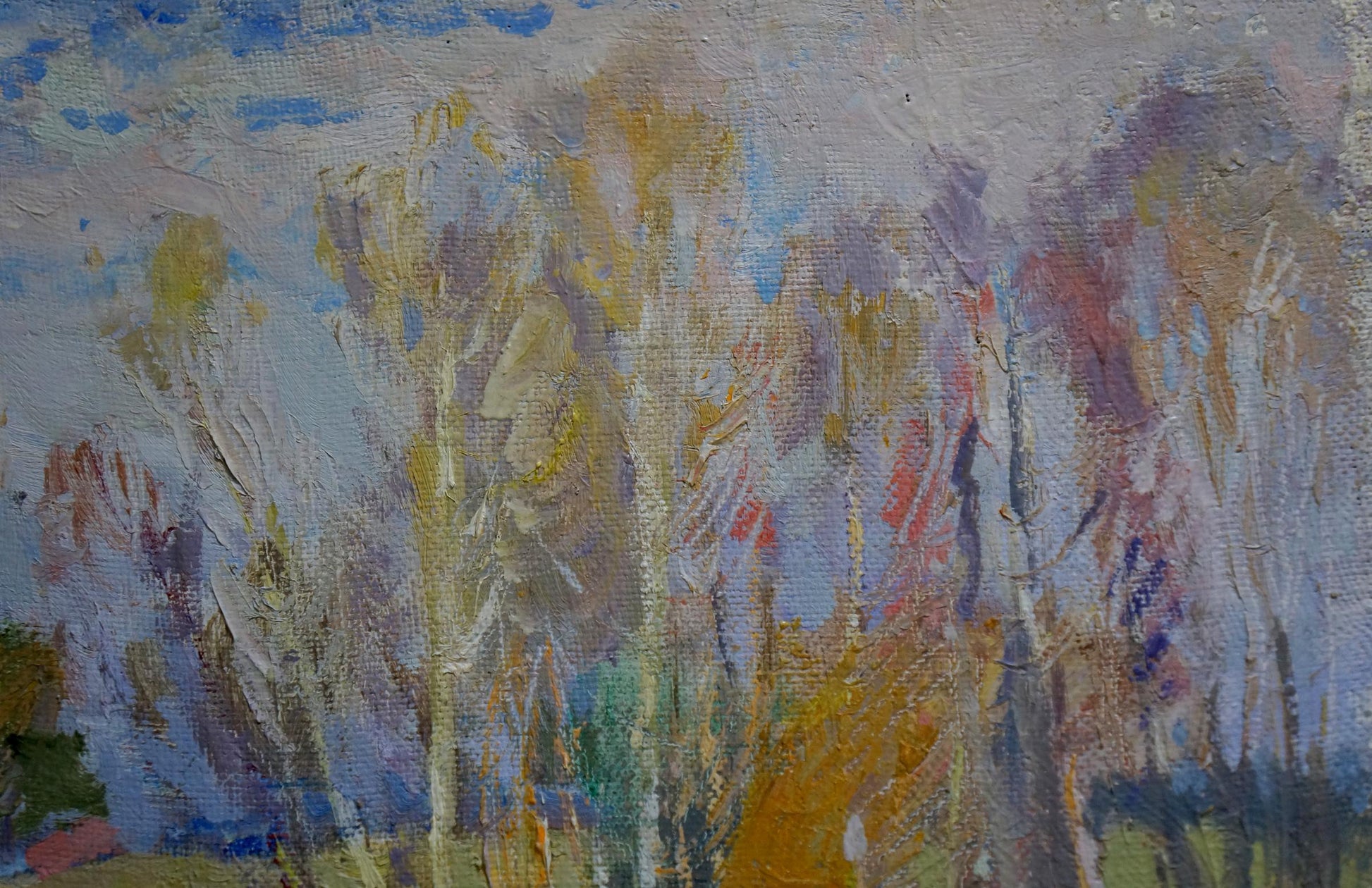 Oil painting of thawing river by Alexander Mynka in abstract blues and purples