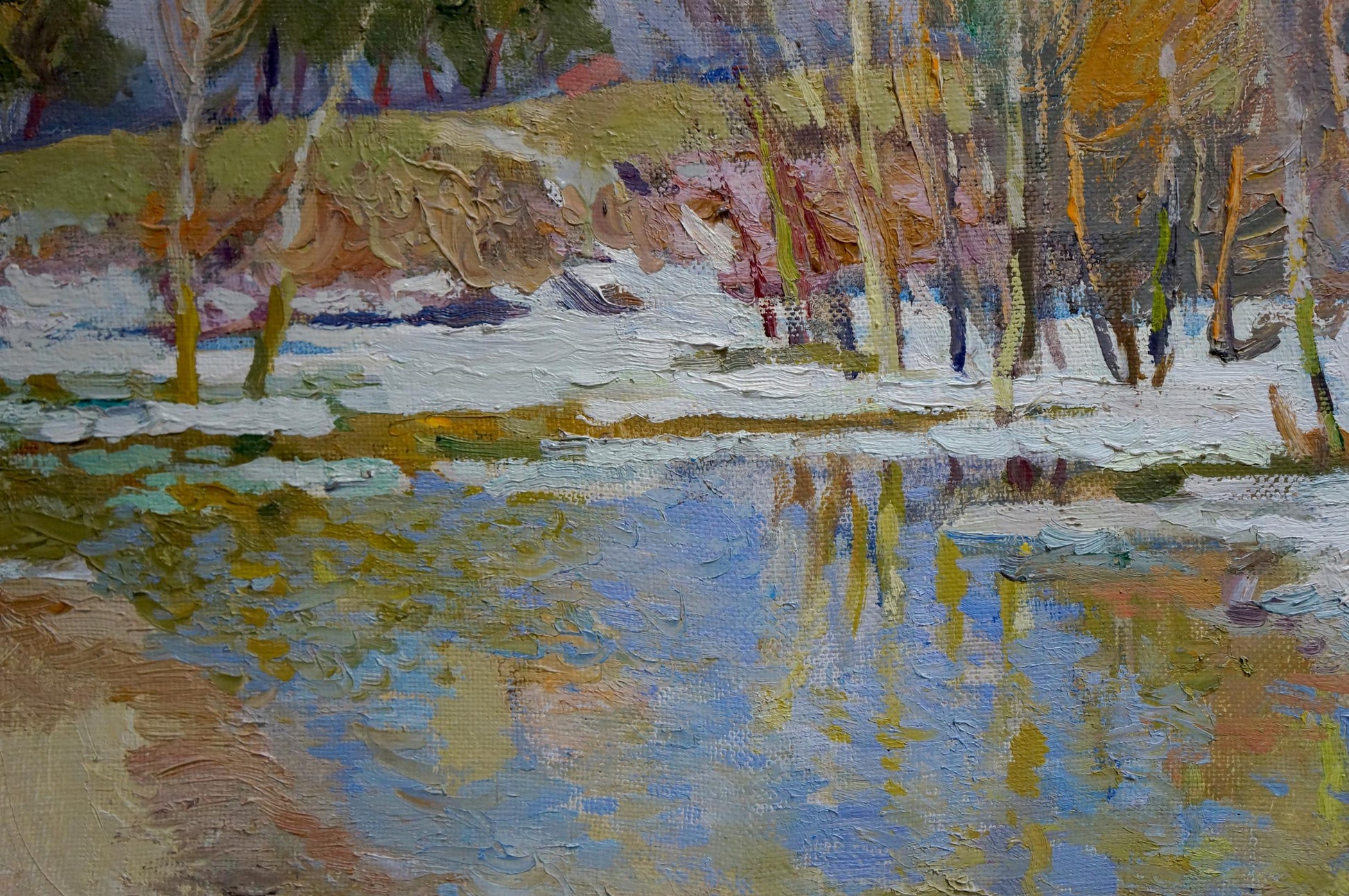 Oil painting River thawing season by Alexander Mynka: snowy landscape reflection