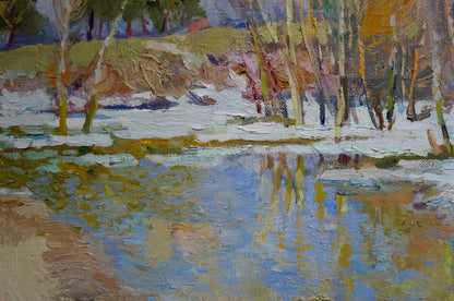 Oil painting River thawing season by Alexander Mynka: snowy landscape reflection