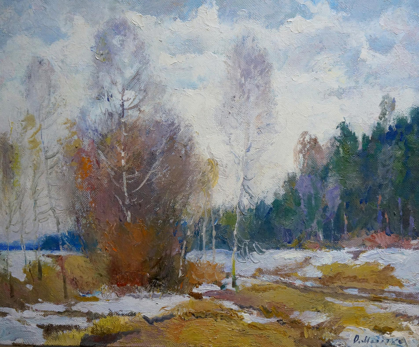 Oil painting The first snow fell in the forest by Alexander Mynka