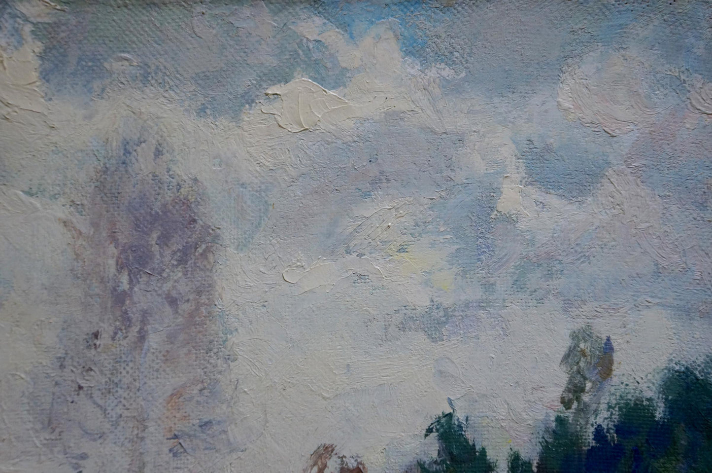 Oil painting The first snow fell in the forest by Alexander Mynka with cloudy sky