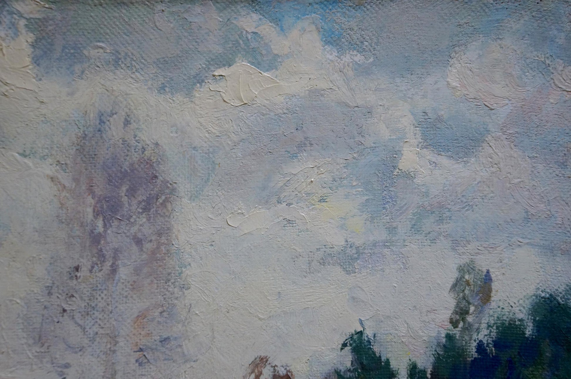 Oil painting The first snow fell in the forest by Alexander Mynka with cloudy sky