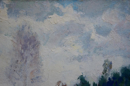 Oil painting The first snow fell in the forest by Alexander Mynka with cloudy sky