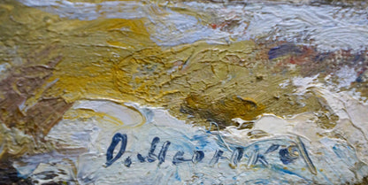 Back of impasto oil painting The First Snow Fell in the Forest by Alexander Mynka, thick gold and white layers, signed in dark blue ink