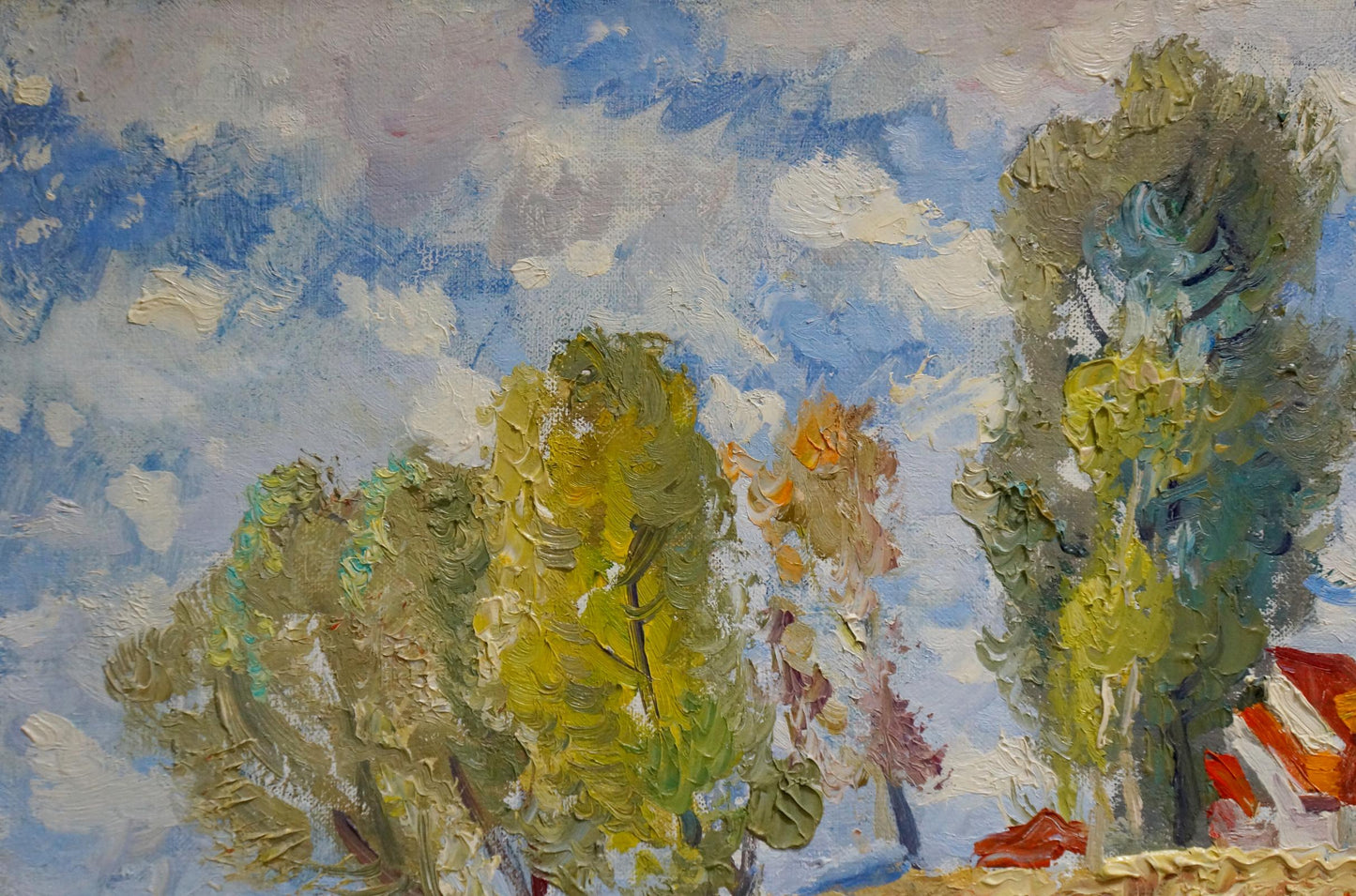 Oil painting July by Mynka Alexander Fedorovich: textured trees, green foliage, blue sky