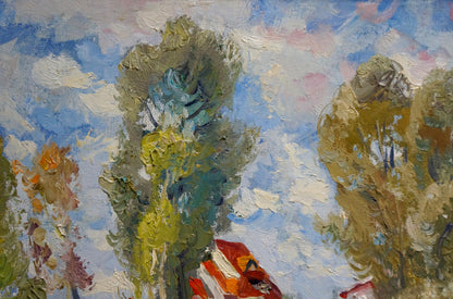 Oil painting July by Mynka Alexander Fedorovich: impressionist trees in vibrant foliage