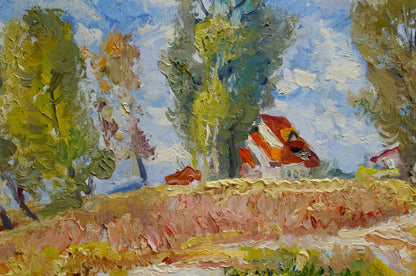 Oil painting July by Mynka Alexander Fedorovich: red-roofed house in lush trees