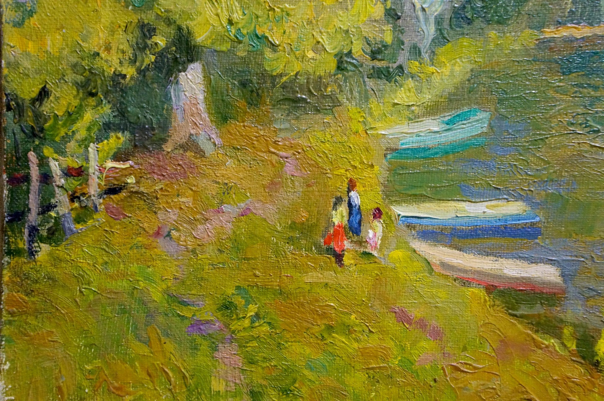 Oil painting Walk along the river by Alexander Mynka vibrant hillside scene