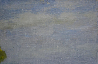 Oil painting Walk along the river by Alexander Mynka with blue sky and clouds