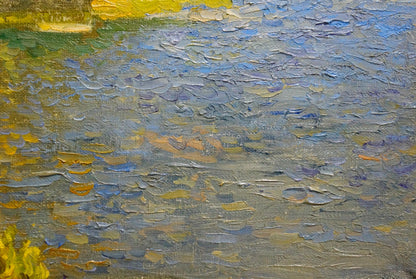 Oil painting Walk along the river by Alexander Mynka with impasto blue green yellow strokes