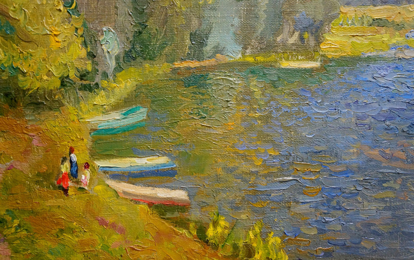 Oil painting Walk along the river by Alexander Mynka: serene lakeside with figures near boats