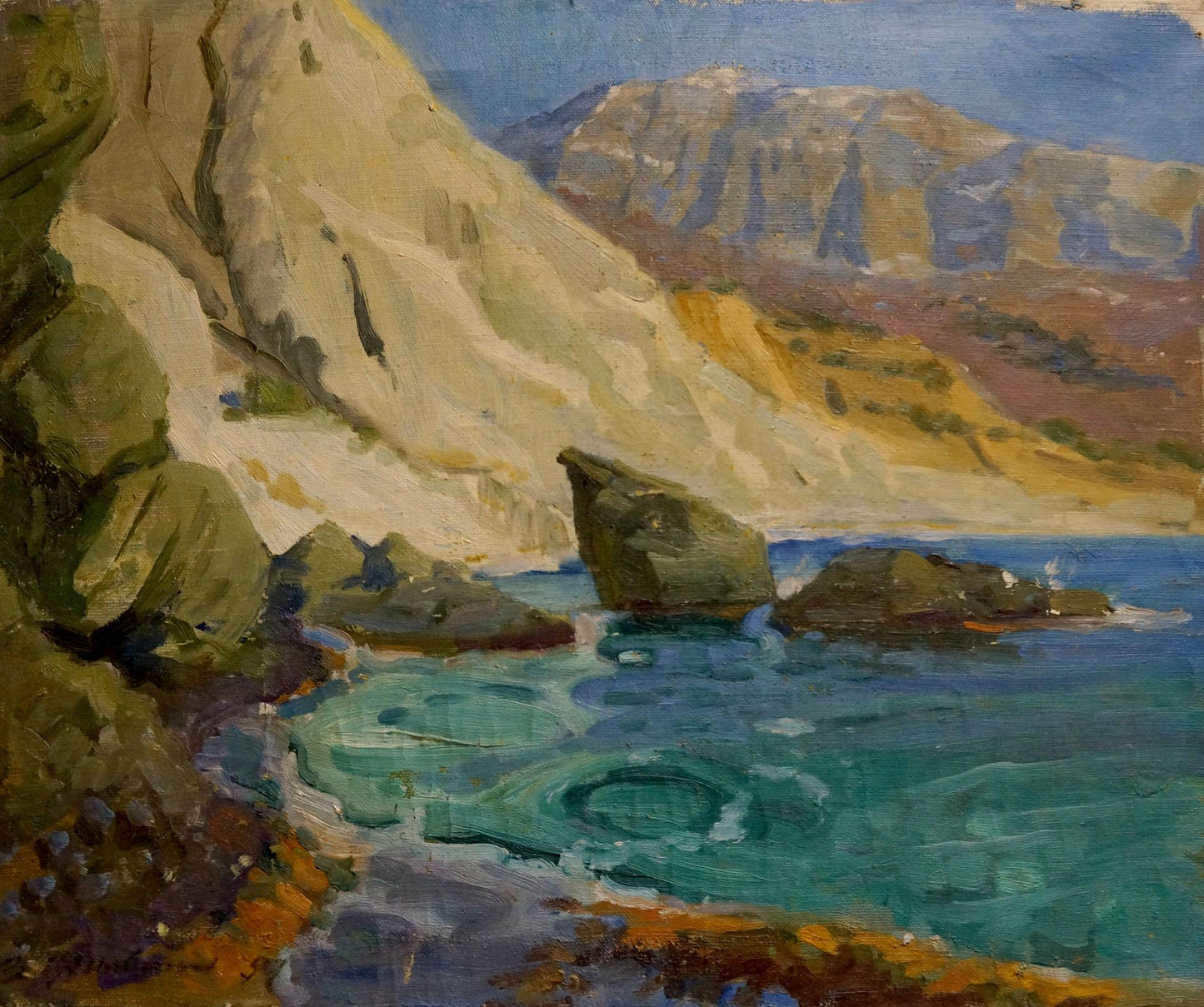 Oil painting Coast by Filippov Zinovy Ivanovich: rugged cliffs, turquoise sea
