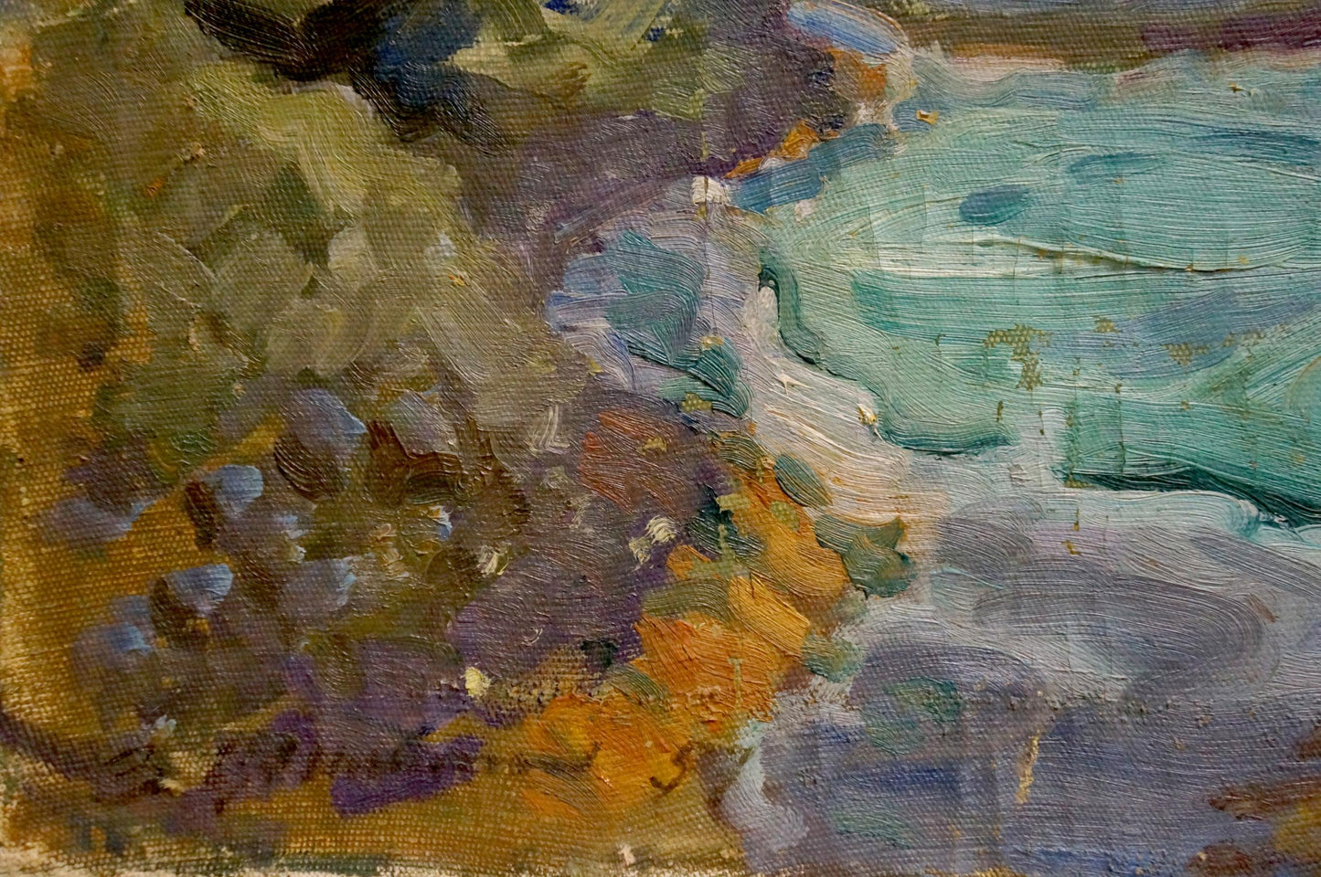 Oil painting Coast by Filippov Zinovy Ivanovich in earthy greens, purples, ochres, teal