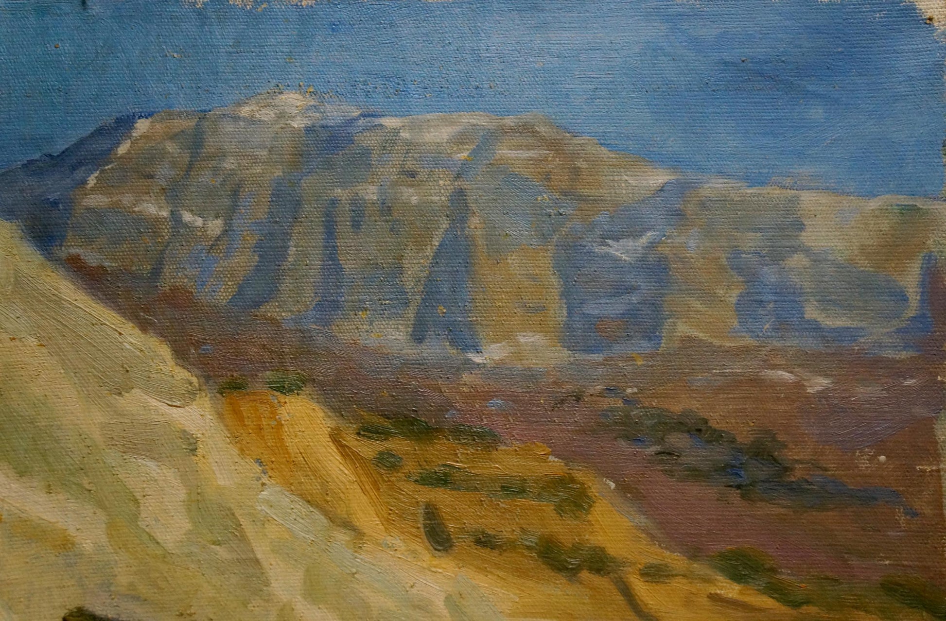 Textured oil painting of Filippov Zinovy Ivanovich Coast, mountain range in blue beige tones