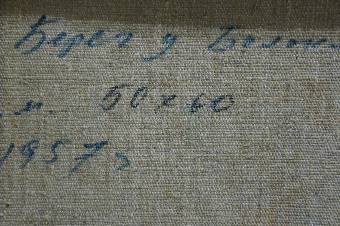 Faded blue handwritten inscription on beige linen back of Filippov oil painting