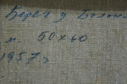 Faded blue handwritten inscription on beige linen back of Filippov oil painting