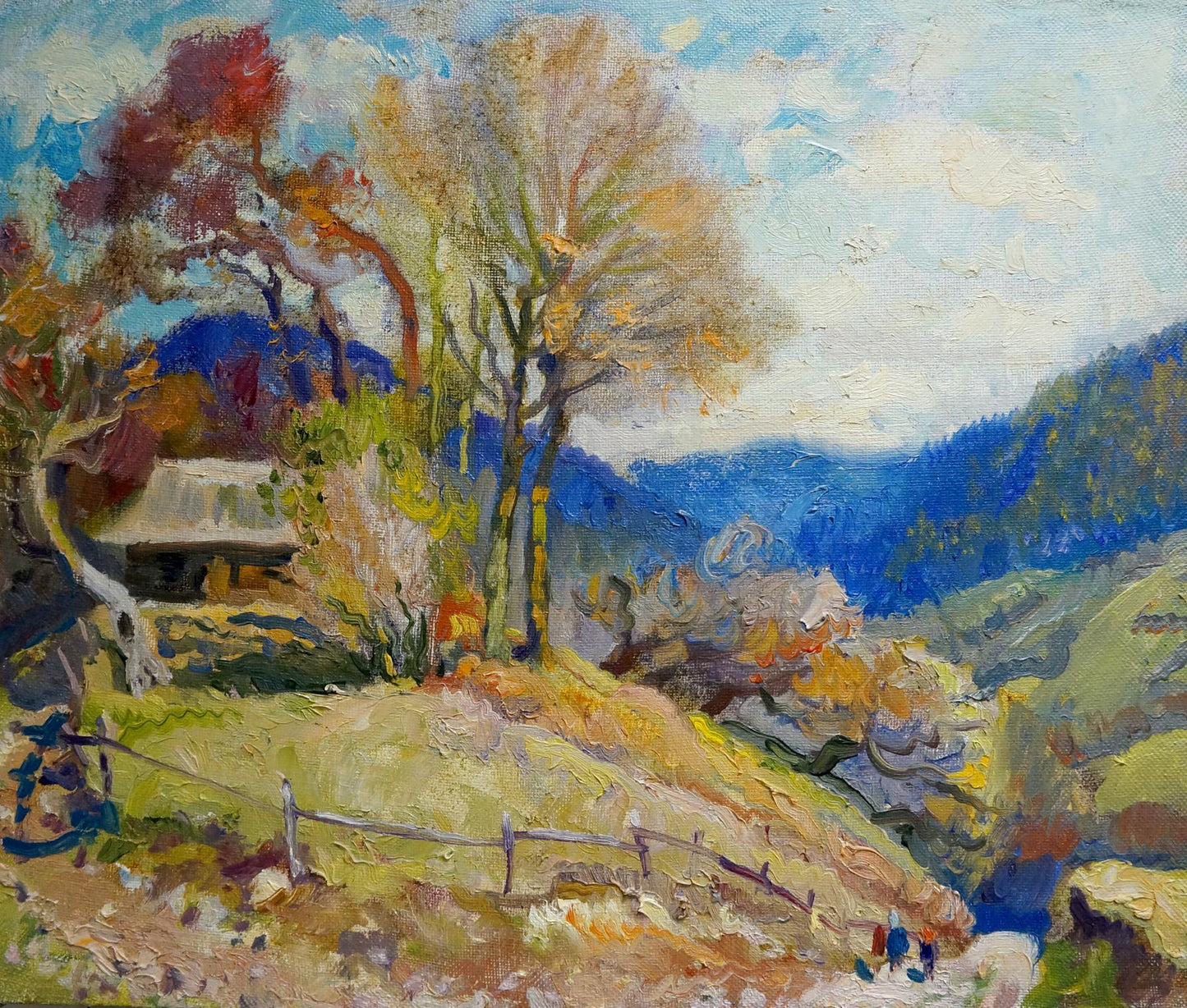 Autumn oil painting of house in Mynka mountains by Alexander Fedorovich