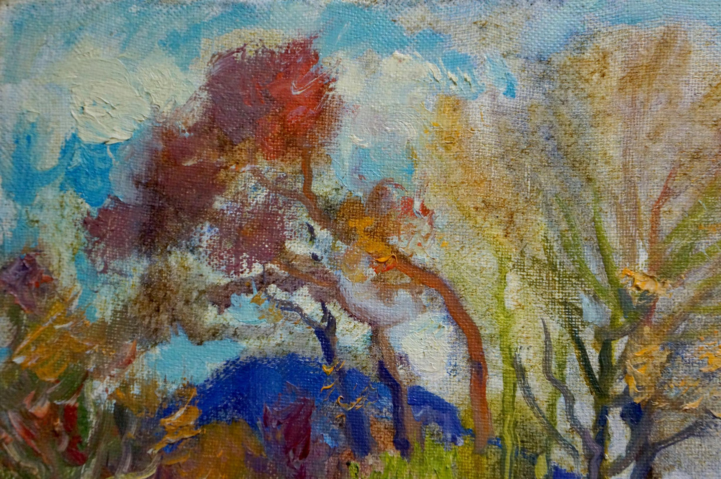 Vibrant impressionist oil painting of autumn trees and Mynka mountain house by Alexander Fedorovich
