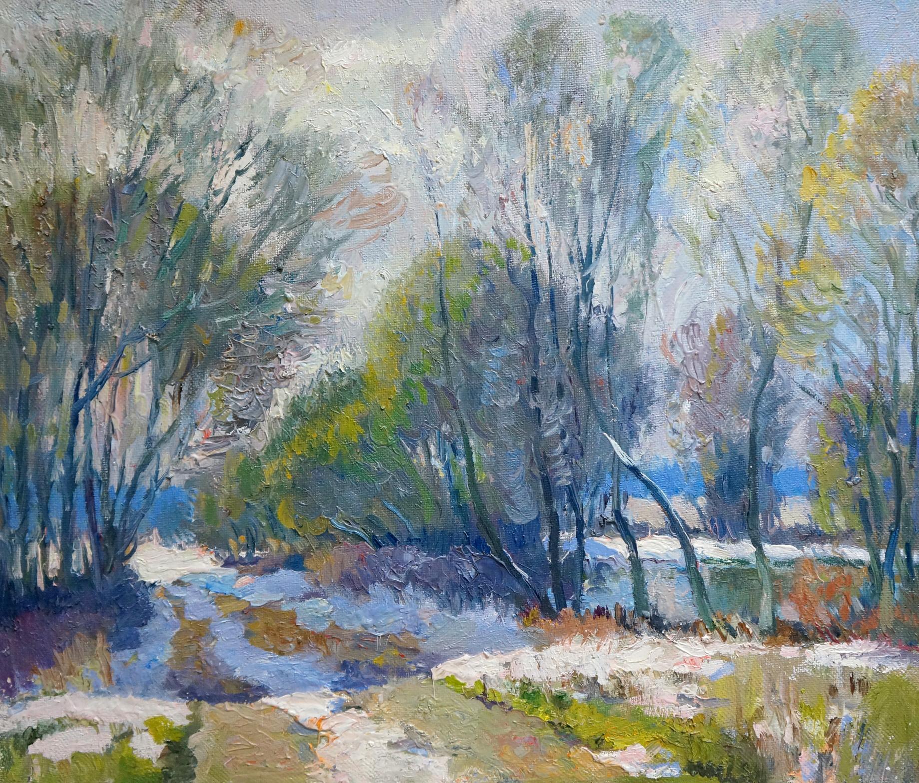 Oil painting November Day by Alexander Mynka: snowy forest path