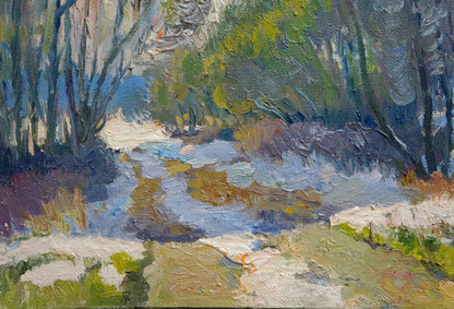 Oil painting November day by Alexander Mynka: impressionist forest stream