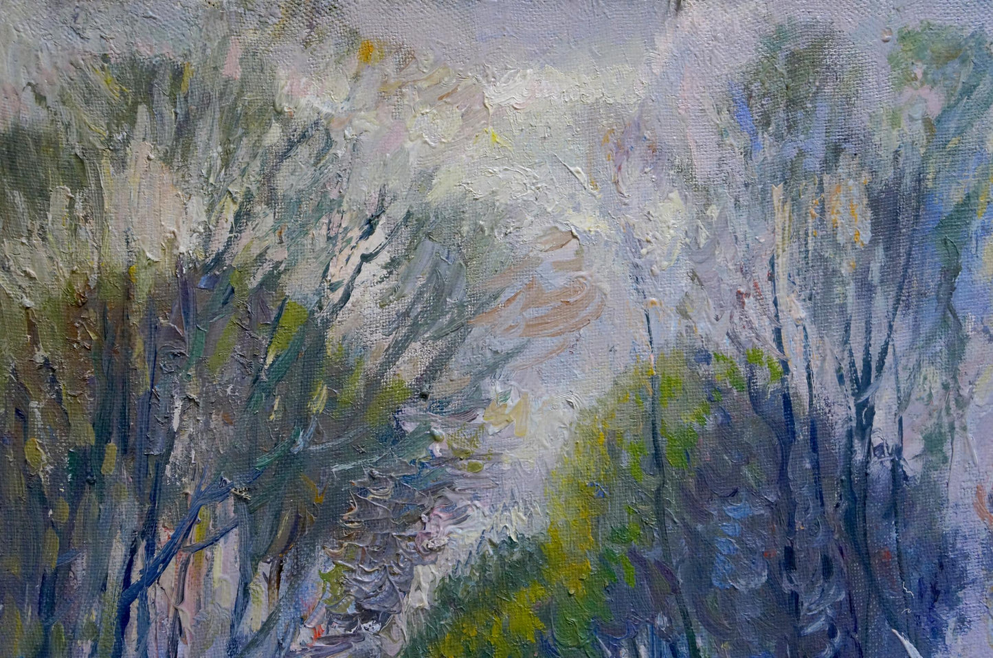 Oil painting November day by Alexander Mynka textured forest scene