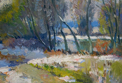 Oil painting November day by Alexander Mynka: textured forest in muted greens