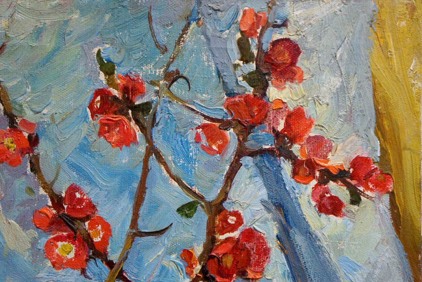 Oil painting of vibrant red autumn flowers by Ostanniy Galina Afanasevna
